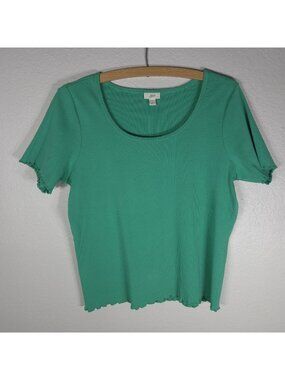 J Jill Green Ribbed Lettuce Edge Round Neck Short Sleeve Tee Shirt Stretch Sz L
